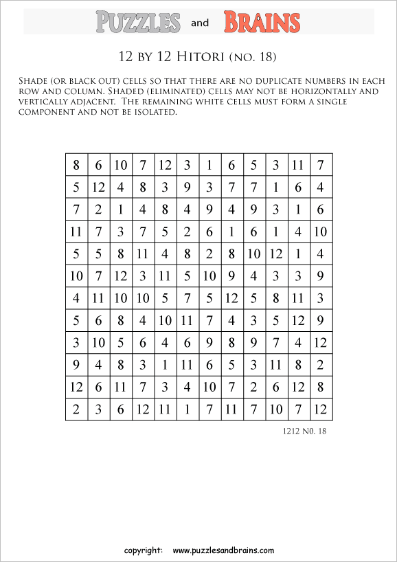 printable 12 by 12 Hitori logic puzzles that will boost your IQ