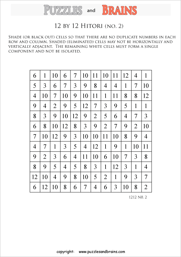 printable 12 by 12 Hitori logic puzzles that will boost your IQ