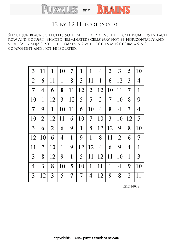 printable 12 by 12 Hitori logic puzzles that will boost your IQ