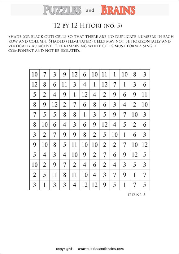 printable 12 by 12 Hitori logic puzzles that will boost your IQ