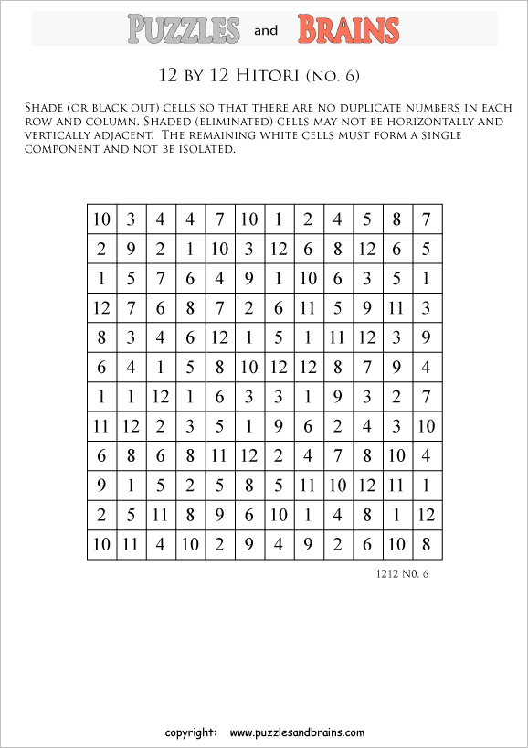 printable 12 by 12 Hitori logic puzzles that will boost your IQ