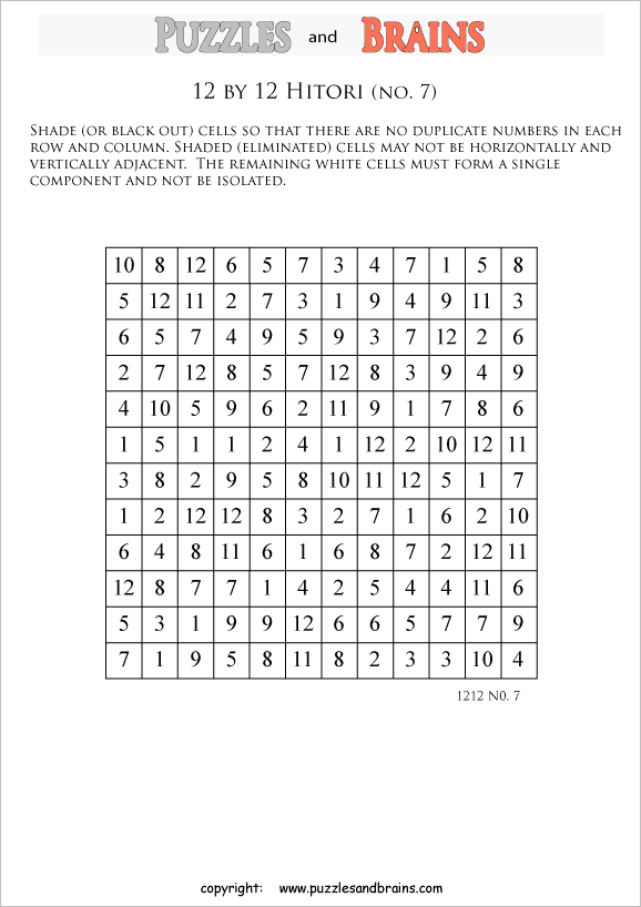 printable 12 by 12 Hitori logic puzzles that will boost your IQ