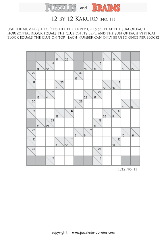 printable 12 by 12 math Kakuro puzzles for young and old math students