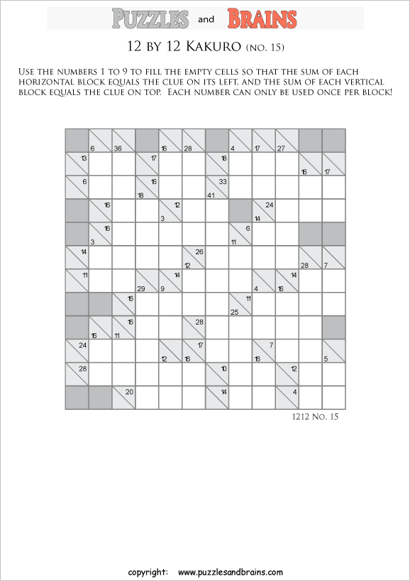 printable 12 by 12 math Kakuro puzzles for young and old math students