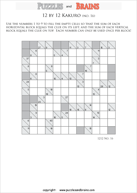 printable 12 by 12 math Kakuro puzzles for young and old math students