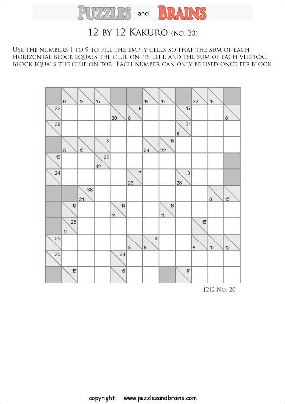 printable 12 by 12 math Kakuro puzzles for young and old math students