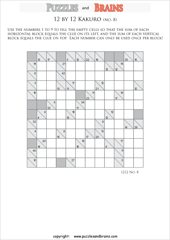 printable 12 by 12 math Kakuro puzzles for young and old math students