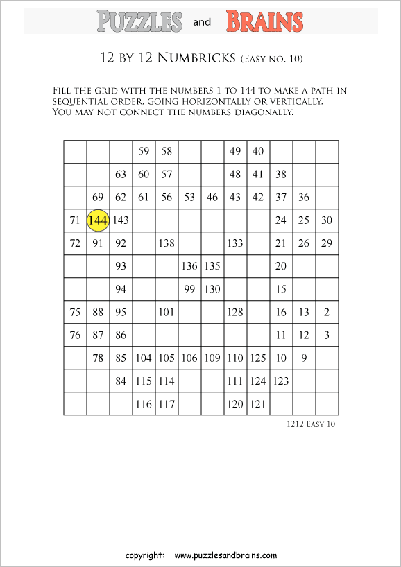 printable easier 12 by 12 Numbrix Number Snake puzzles for young and old