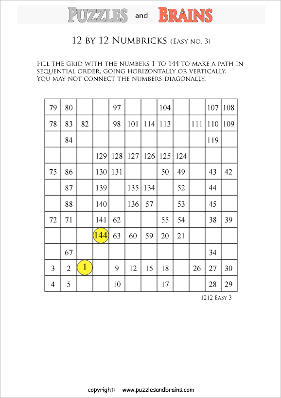 printable easier 12 by 12 Numbrix Number Snake puzzles for young and old