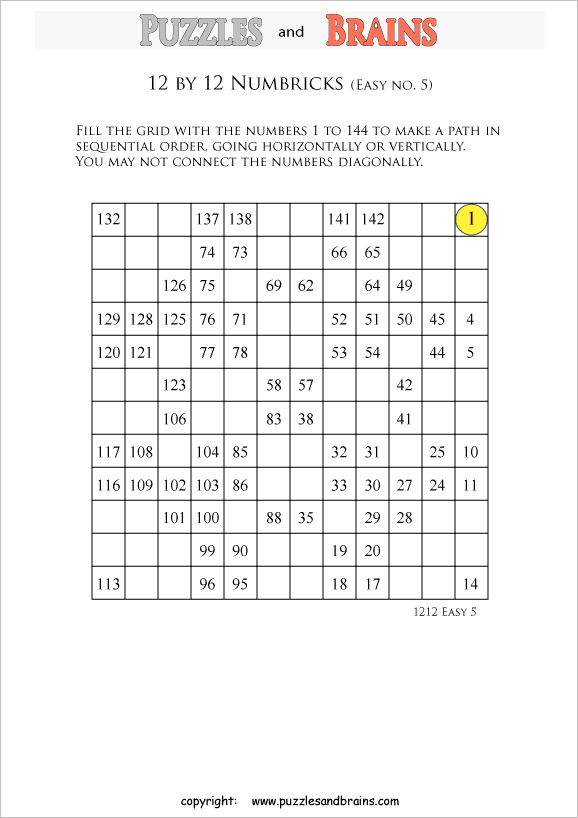 printable easier 12 by 12 Numbrix Number Snake puzzles for young and old