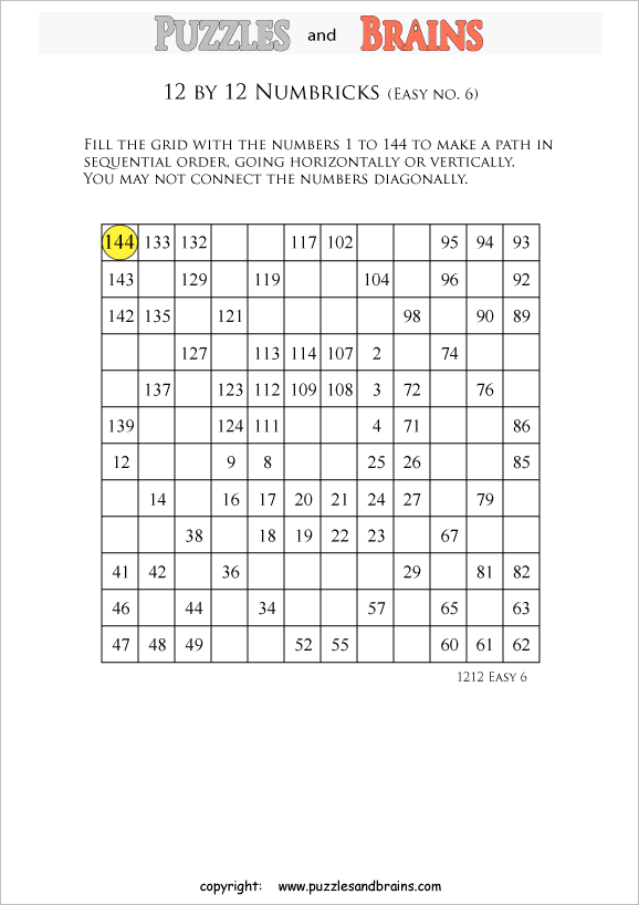 printable easier 12 by 12 Numbrix Number Snake puzzles for young and old