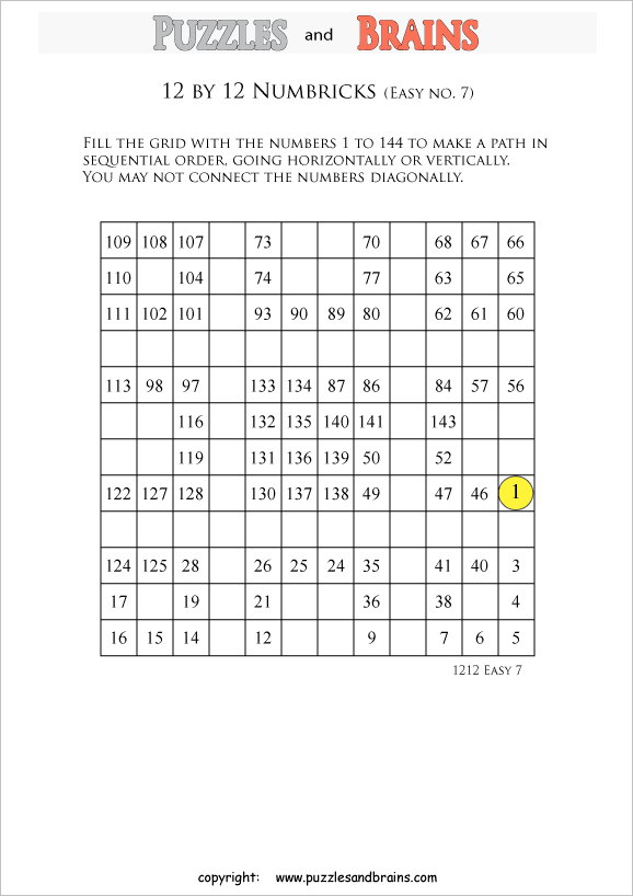 Printable easier level 12 by 12 grid Numbrix Number Snake logic puzzles