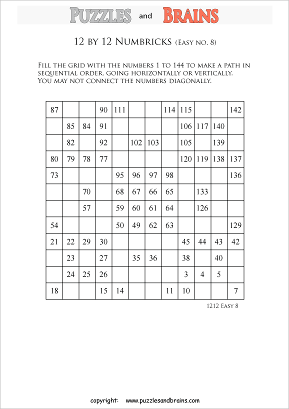 printable easier 12 by 12 Numbrix Number Snake puzzles for young and old