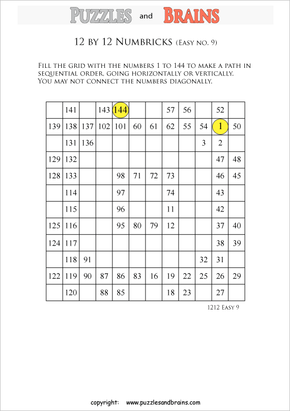 Printable easier level 12 by 12 grid Numbrix Number Snake logic puzzles