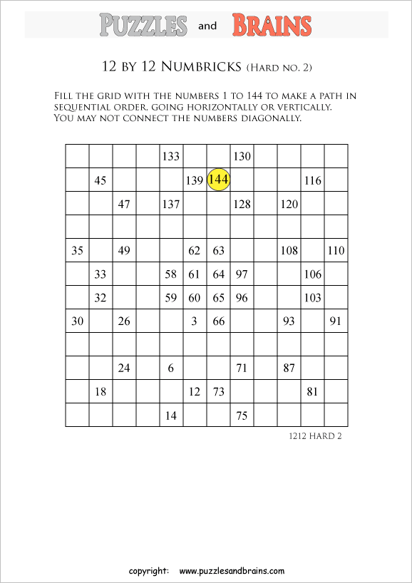 printable 12 by 12 difficult level Numbrix logic IQ puzzles