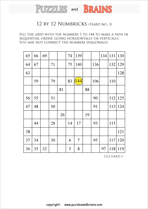 printable 12 by 12 difficult level numbrix logic puzzles for kids and