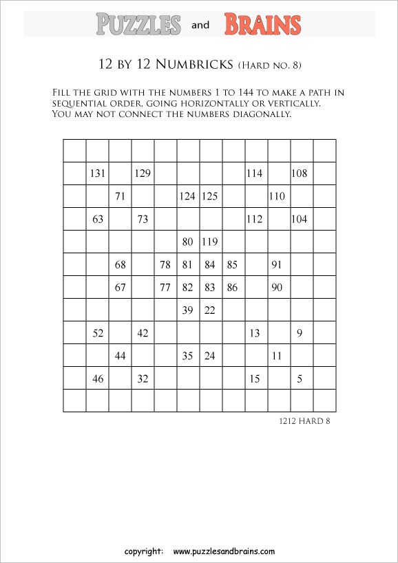 printable 12 by 12 difficult level Numbrix logic IQ puzzles