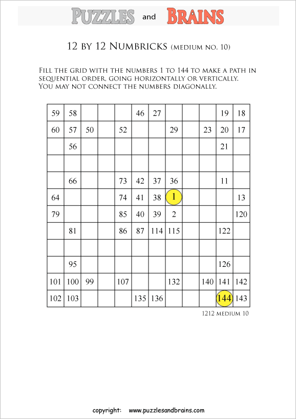 printable 12 by 12 medium level Numbrix logic IQ puzzles