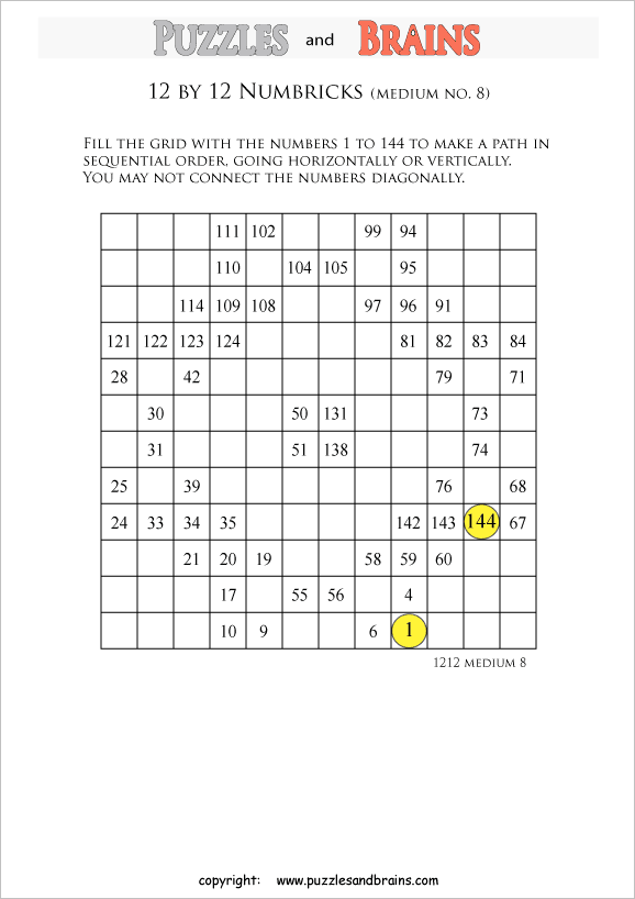 printable 12 by 12 medium level numbrix logic iq puzzles