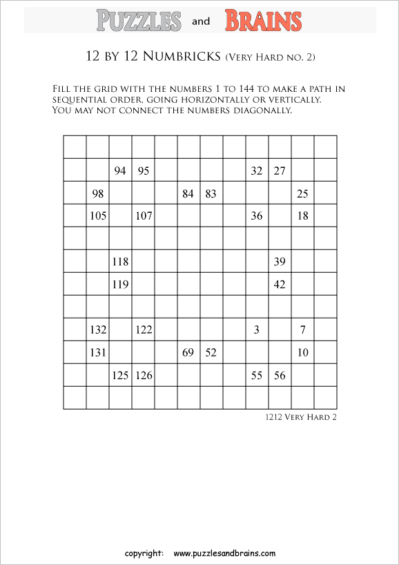 printable 12 by 12 very hard level Numbrix logic IQ puzzles