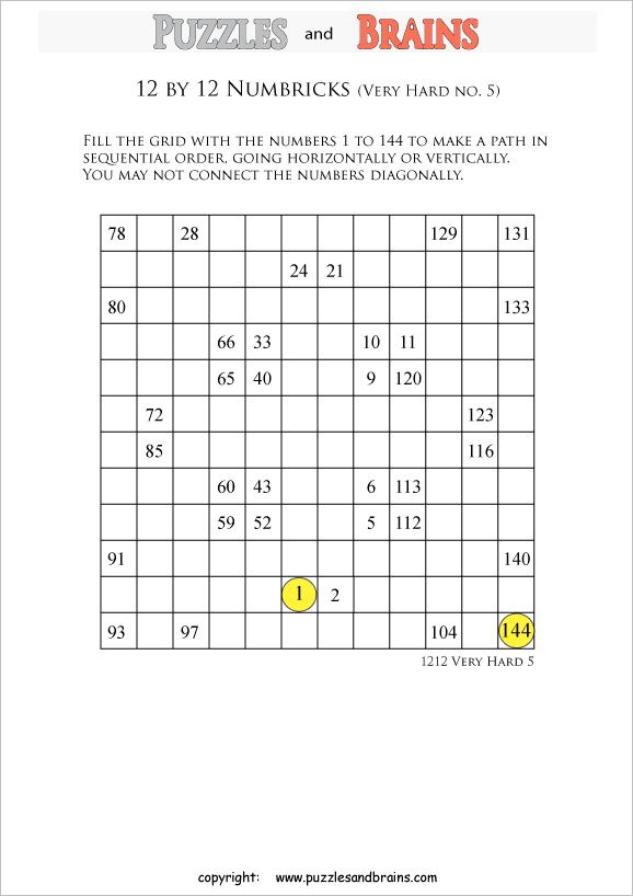 printable 12 by 12 very hard level Numbrix logic IQ puzzles