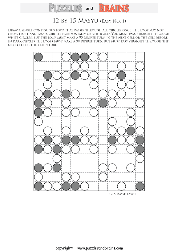 printable easier level 12 by 15 Japanese Masyu Circles logic puzzles for young and old.