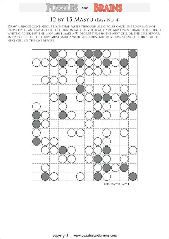 Printable Easier Level 12 By 15 Masyu Circle Japanese Logic Puzzles For