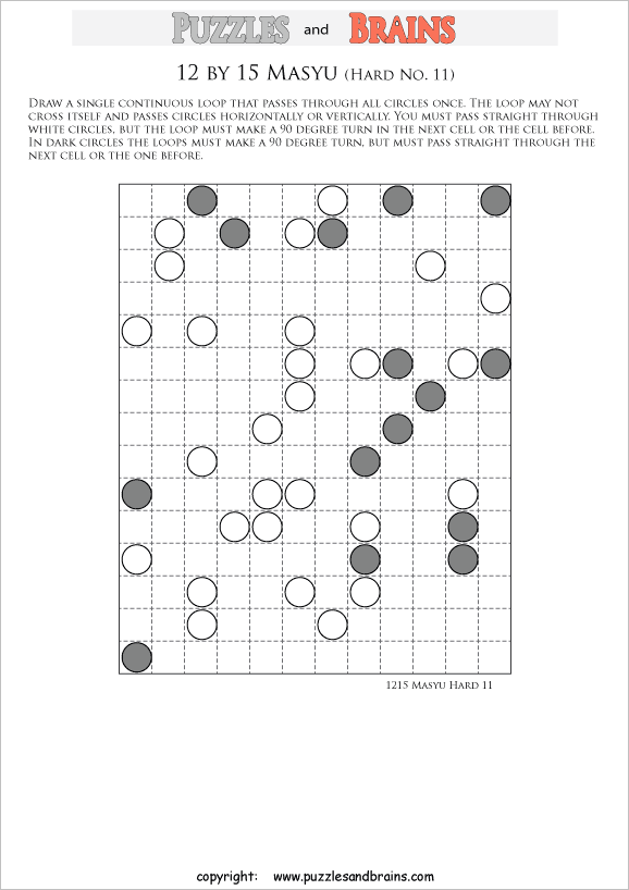 printable difficult level 12 by 15 Japanese Masyu Circles logic puzzles for young and old.