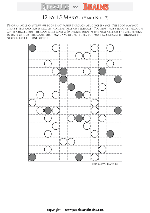 printable difficult level 12 by 15 Japanese Masyu Circles logic puzzles for young and old.