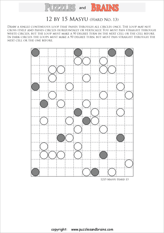 printable difficult level 12 by 15 Japanese Masyu Circles logic puzzles for young and old.