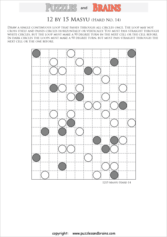 printable difficult level 12 by 15 Japanese Masyu Circles logic puzzles for young and old.