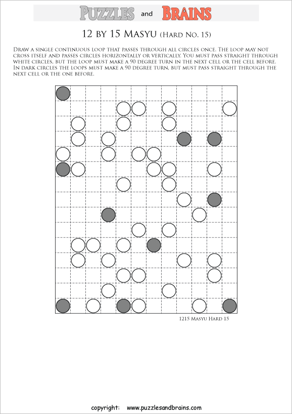 printable difficult level 12 by 15 Japanese Masyu Circles logic puzzles for young and old.