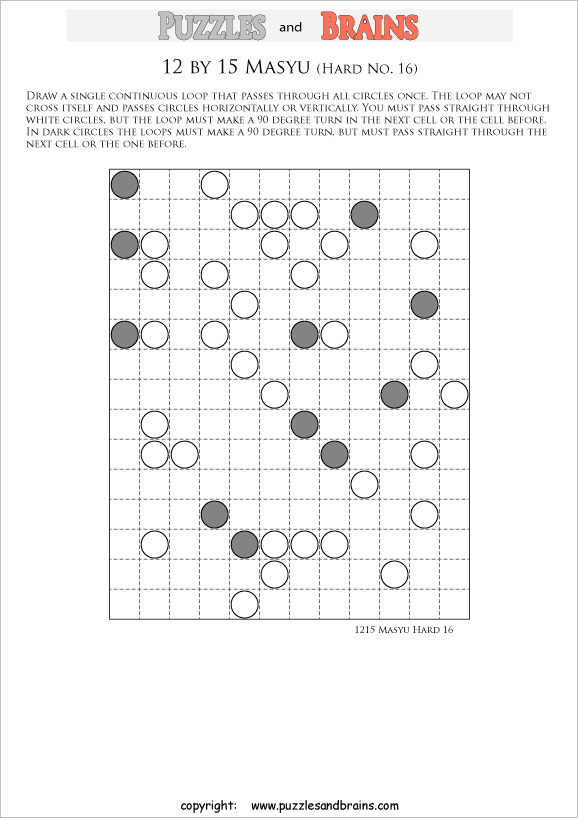 printable difficult level 12 by 15 Japanese Masyu Circles logic puzzles for young and old.