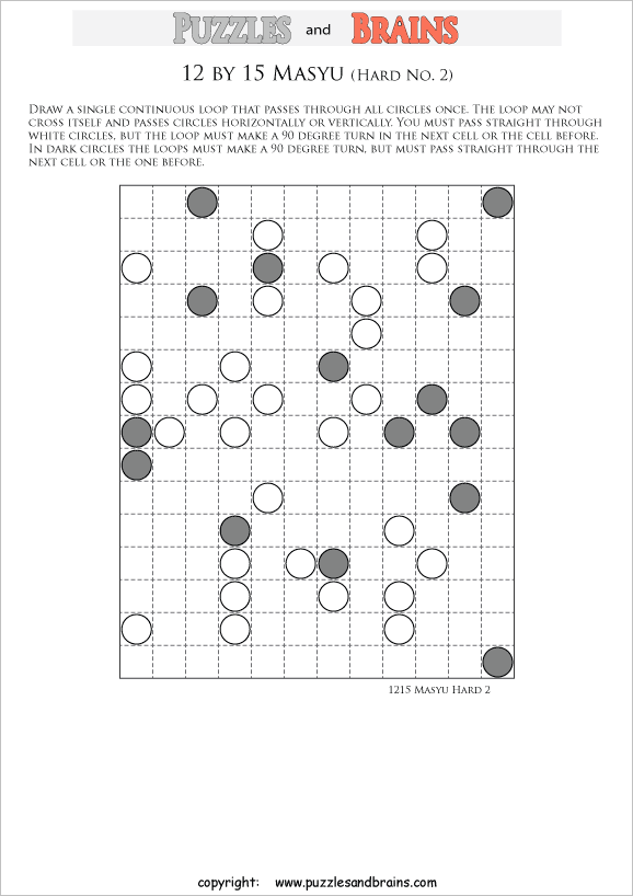 printable difficult level 12 by 15 Japanese Masyu Circles logic puzzles for young and old.