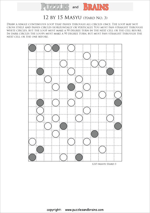 printable difficult level 12 by 15 Japanese Masyu Circles logic puzzles for young and old.