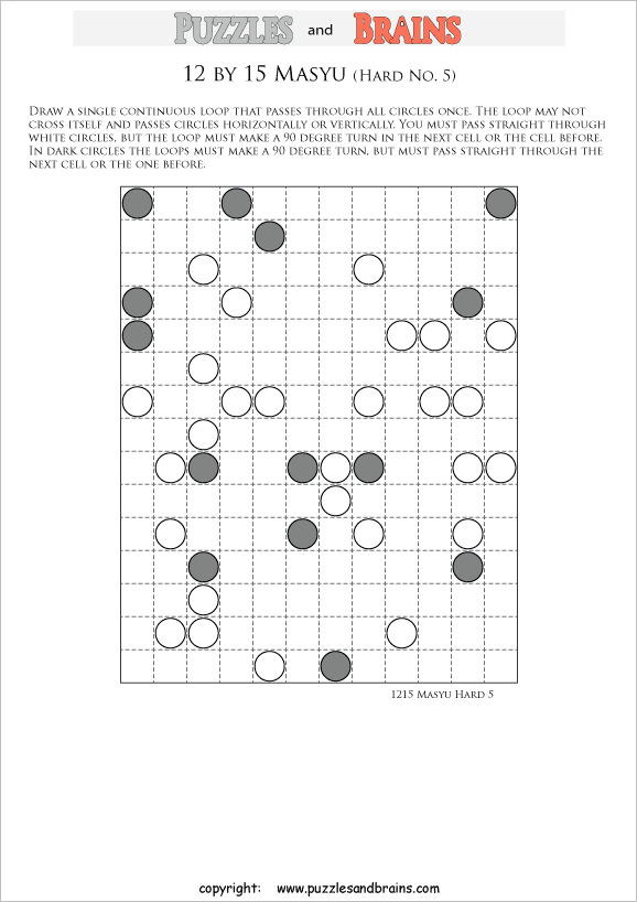 printable difficult level 12 by 15 Japanese Masyu Circles logic puzzles for young and old.