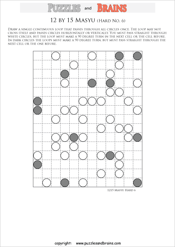 printable difficult level 12 by 15 Japanese Masyu Circles logic puzzles for young and old.