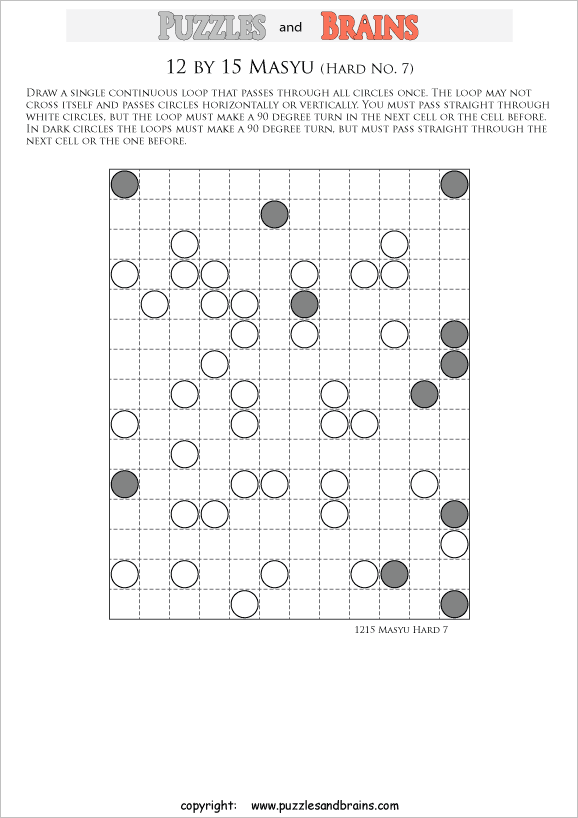 printable difficult level 12 by 15 Japanese Masyu Circles logic puzzles for young and old.