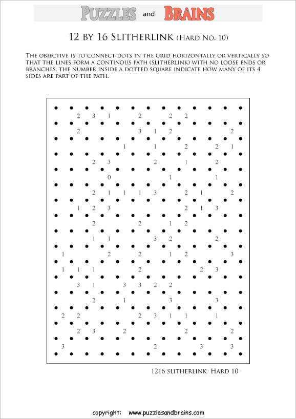 printable 12 by 16 difficult level Slitherlink logic puzzles for kids and adults