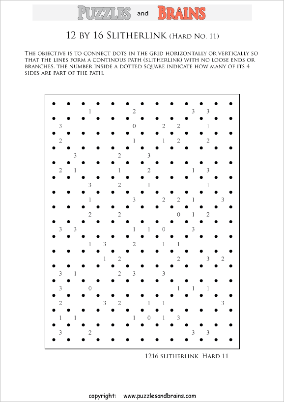 printable 12 by 16 difficult level Slitherlink logic puzzles for kids and adults