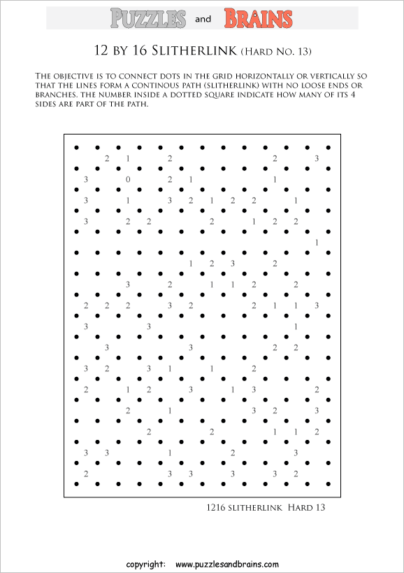 printable 12 by 16 difficult level Slitherlink logic puzzles for kids and adults