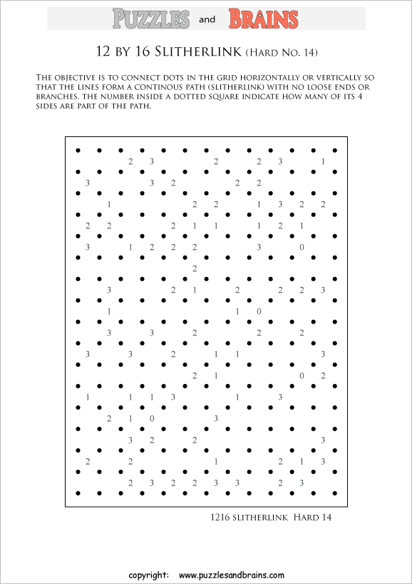 printable 12 by 16 difficult level Slitherlink logic puzzles for kids and adults