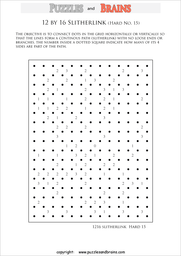 printable 12 by 16 difficult level Slitherlink logic puzzles for kids and adults