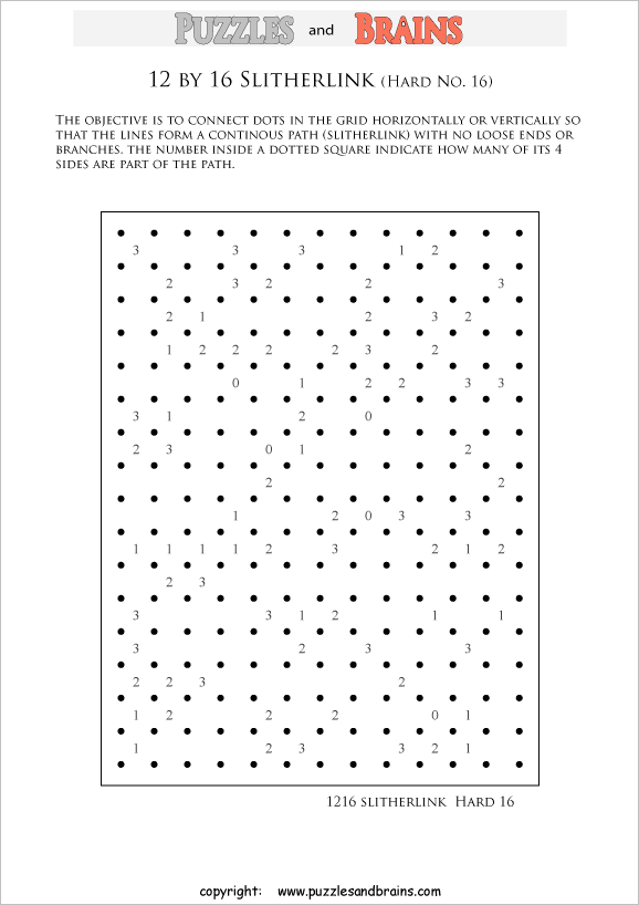 printable 12 by 16 difficult level Slitherlink logic puzzles for kids and adults