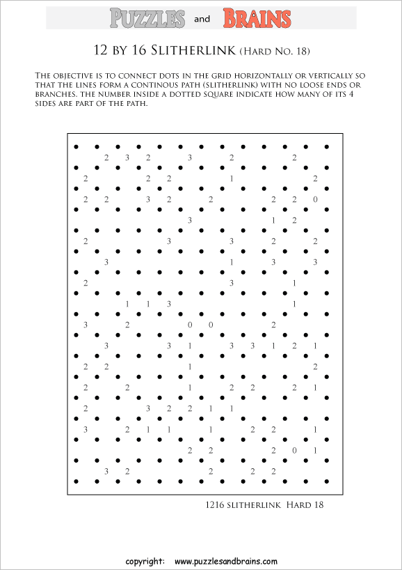 printable 12 by 16 difficult level Slitherlink logic puzzles for kids and adults