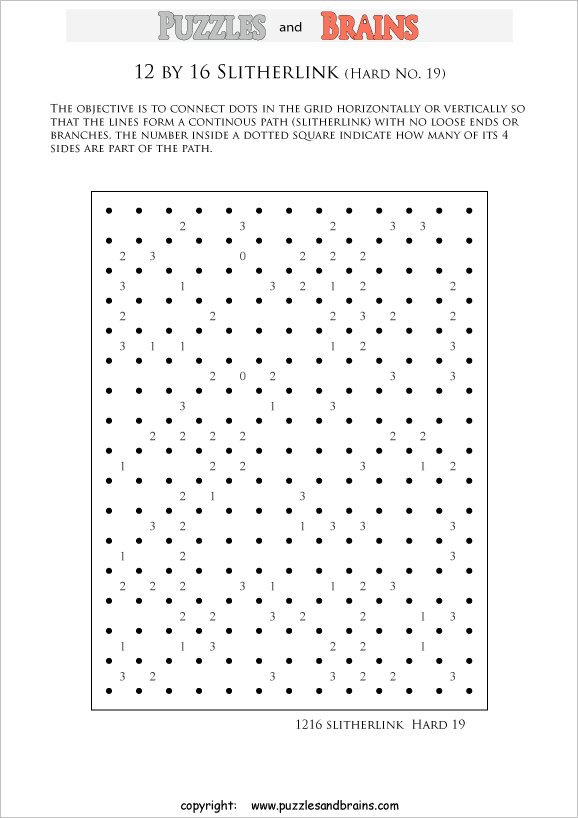 printable 12 by 16 difficult level Slitherlink logic puzzles for kids and adults