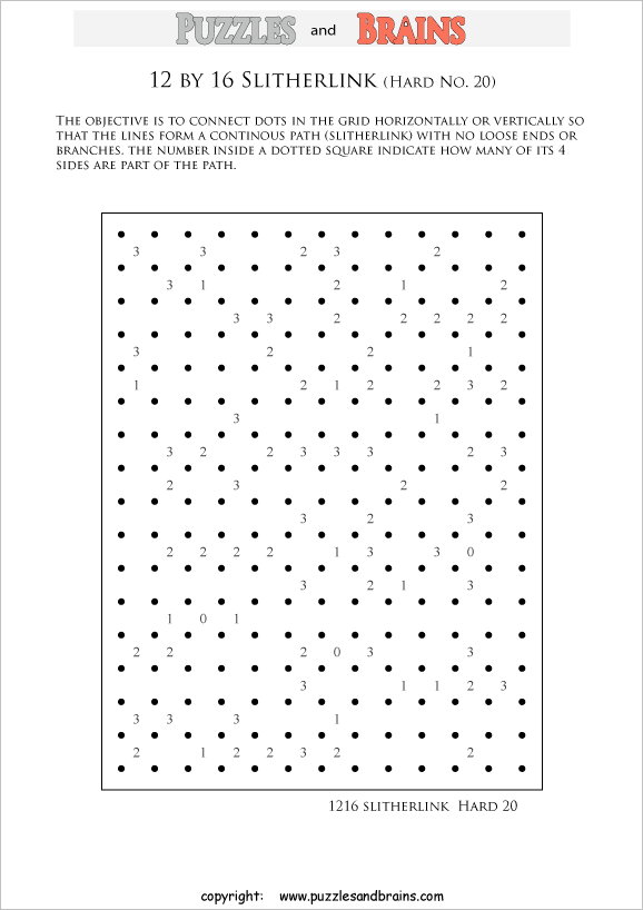 printable 12 by 16 difficult level Slitherlink logic puzzles for kids and adults