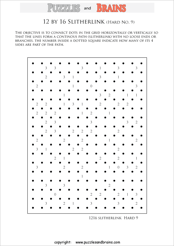 printable 12 by 16 difficult level Slitherlink logic puzzles for kids and adults