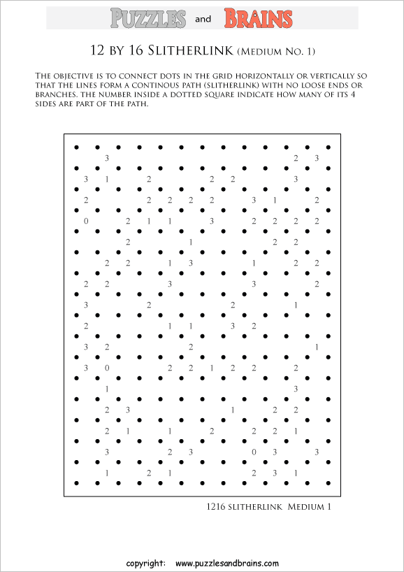 printable 12 by 16 medium level Slitherlink logic puzzles for kids and adults