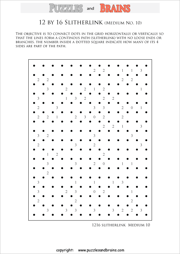 printable 12 by 16 medium level Slitherlink logic puzzles for kids and adults